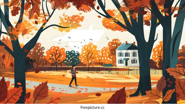 Fall Landscape with Man Walking Through Foliage