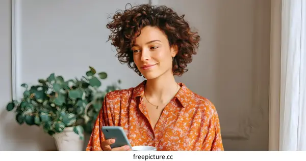Woman using a smartphone in a cozy home setting