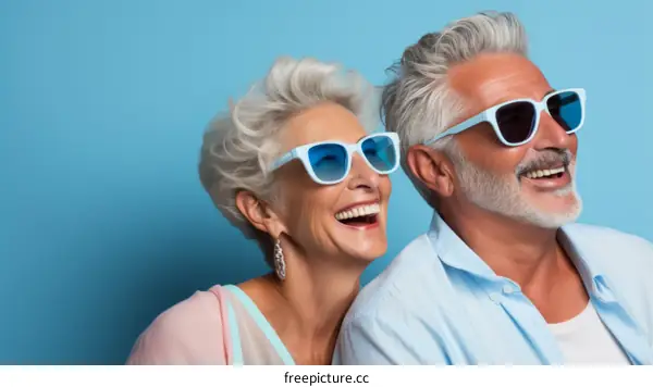 Elderly couple in blue sunglasses