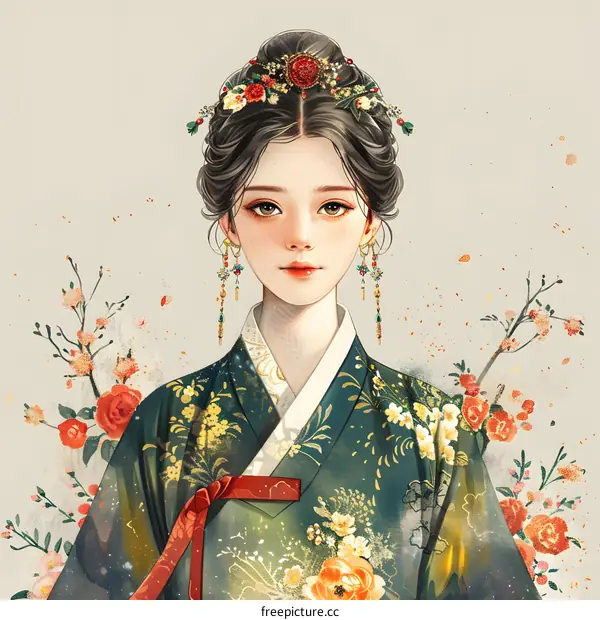 A beautiful illustration of a young woman in a traditional Korean hanbok