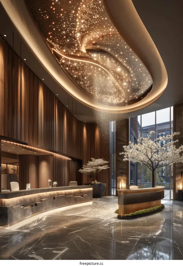 Modern Hotel Lobby Interior Design with a Starry Ceiling and a Tree