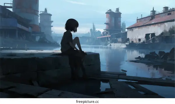 A Young Girl Sitting Alone by Abandoned Industrial Buildings Near Water