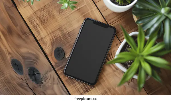 Black Smartphone on Wooden Table with Green Plants