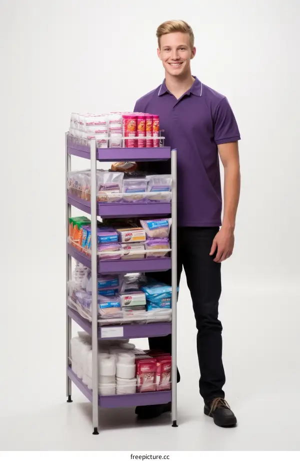 Young man with a purple rack of food and supplies