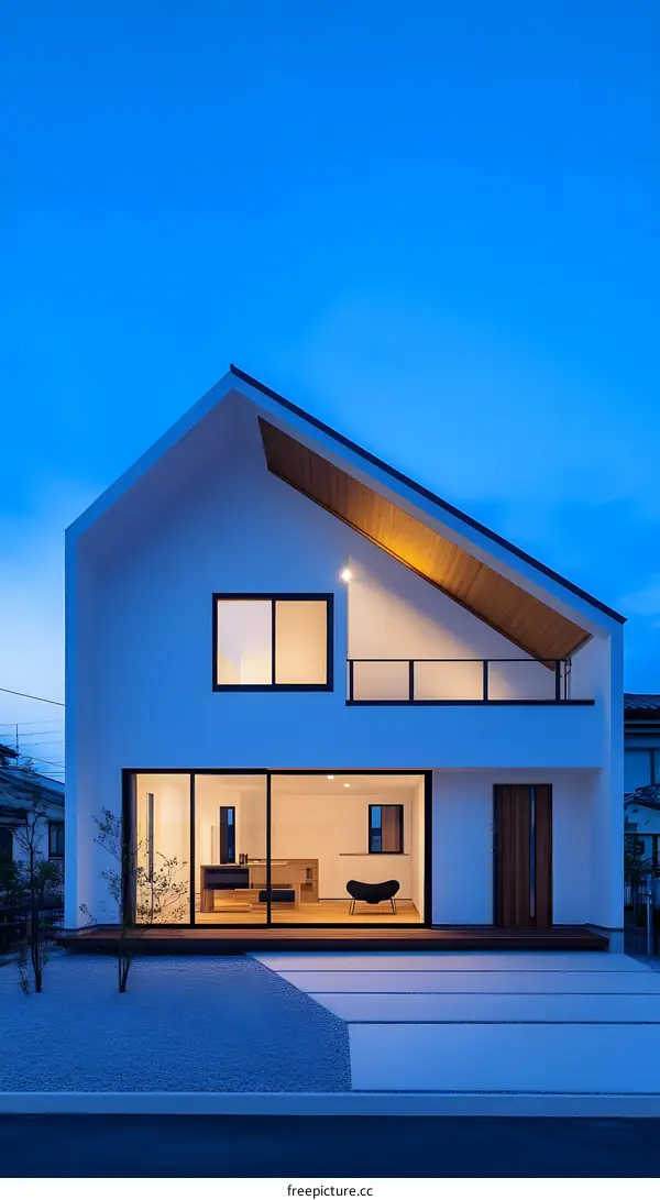 Modern White House with Wooden Roof and Large Windows