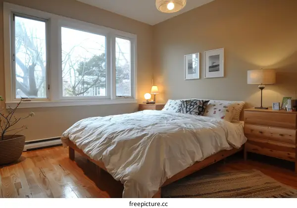 A bedroom with a large bed and a nightstand