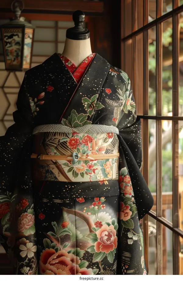 A kimono with a floral pattern and a red obi