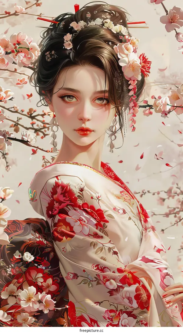 An Asian woman in a kimono with pink and white flowers in her hair and on her kimono