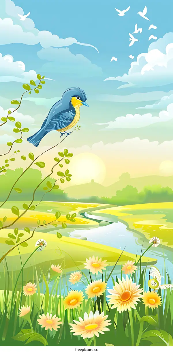 Blue Bird Sitting on Branch in Spring Meadow with Flowers