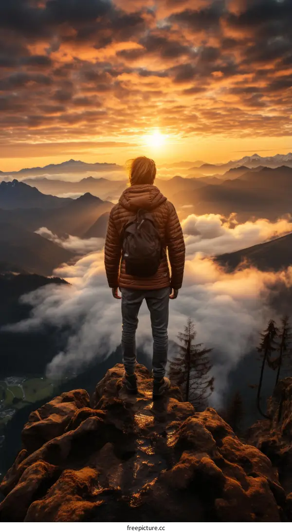 Man on Mountaintop Overlooking Valley at Sunset