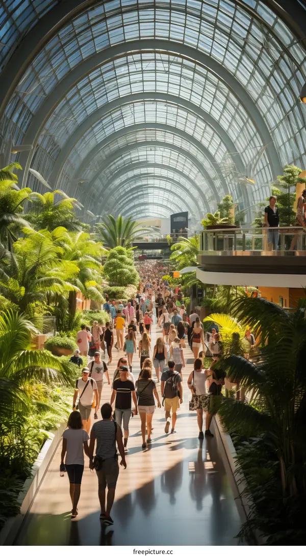 A large group of people walking through a botanical garden with a glass roof