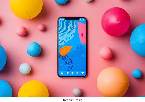 Colorful Balls Surrounding Smartphone On Pink Background