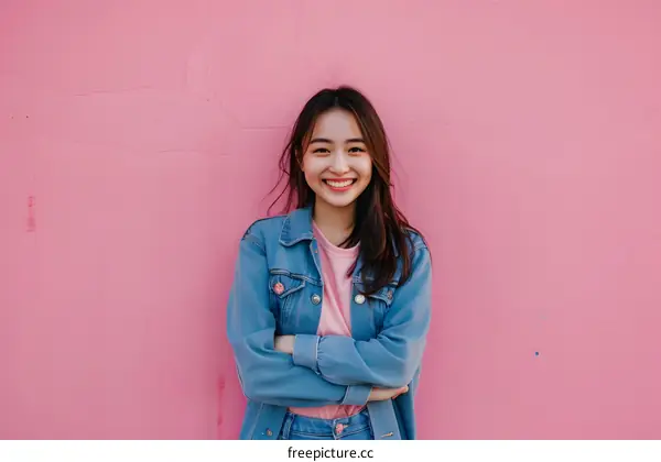 Smiling Asian Woman in Blue Denim Jacket Standing Against Pink Wall