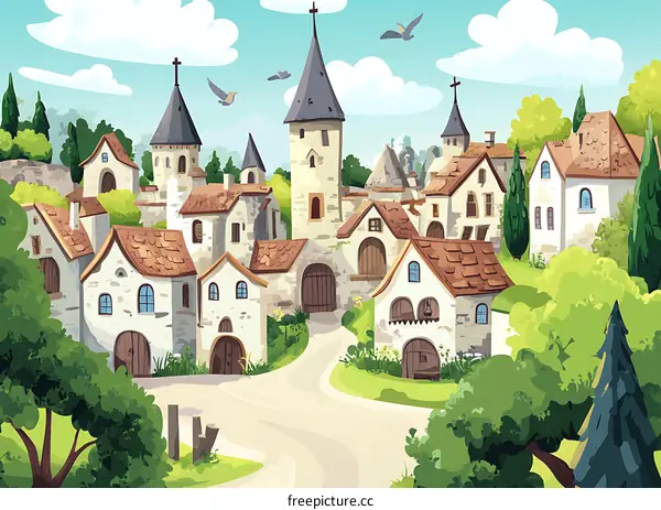 Charming Cartoon Illustration of a Medieval Village