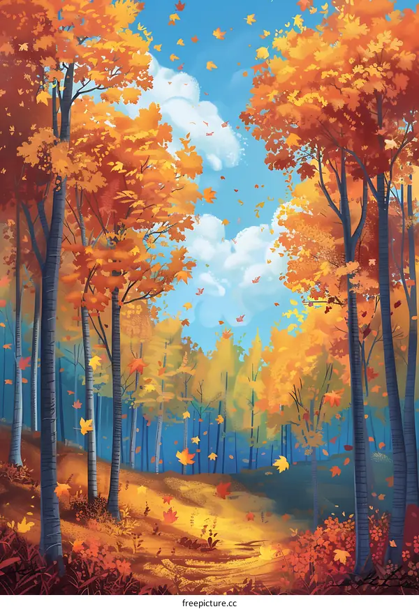 Autumn Forest Illustration with Falling Leaves