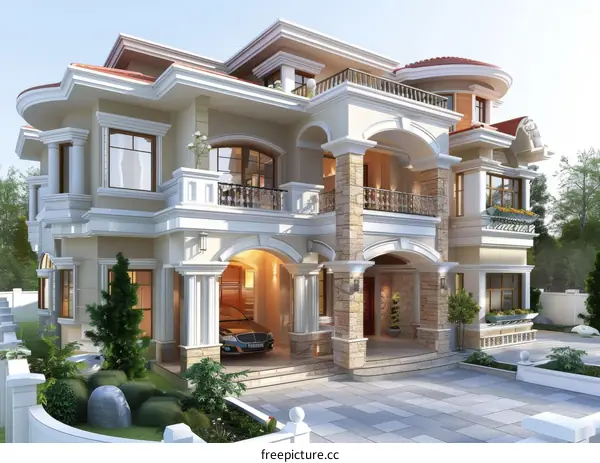 A magnificent three-story house with a beautiful yard