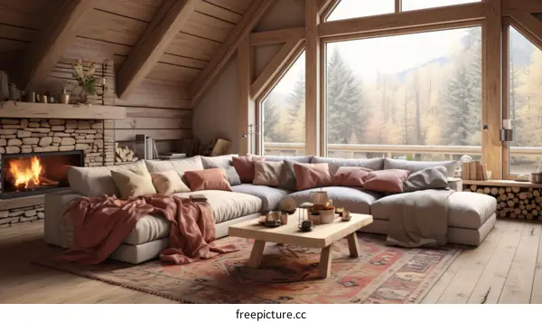 Modern mountain cabin interior living room with fireplace and large windows