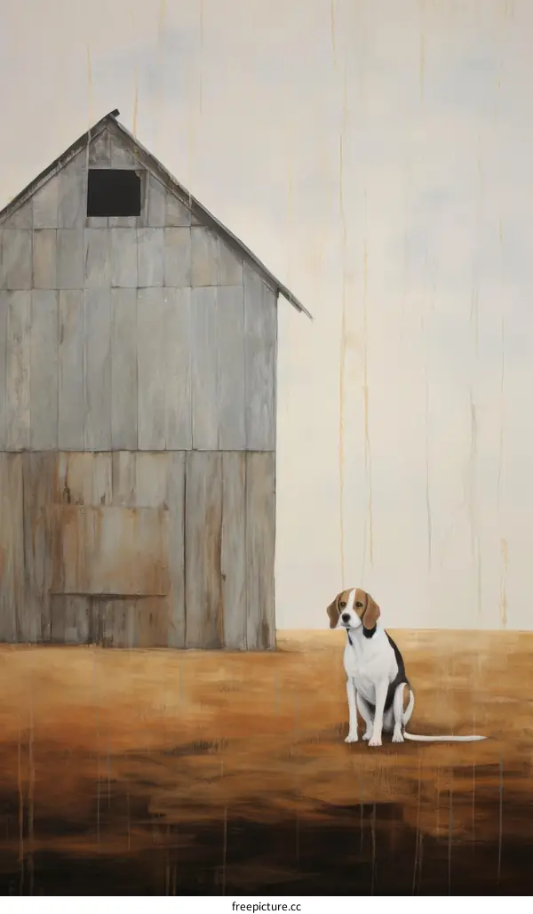 A Beagle Sits in Front of a Barn