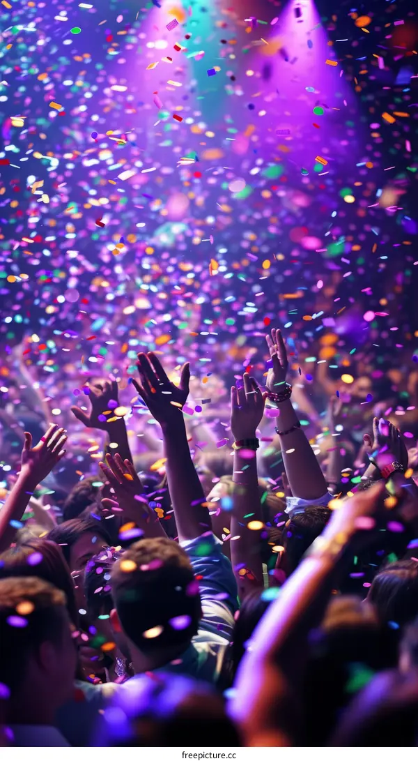 Nightclub with hands raised and colorful confetti falling from above