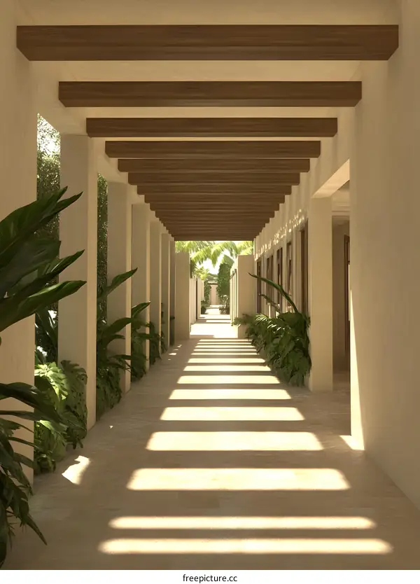 Long Covered Corridor with Wooden Beams and Plants