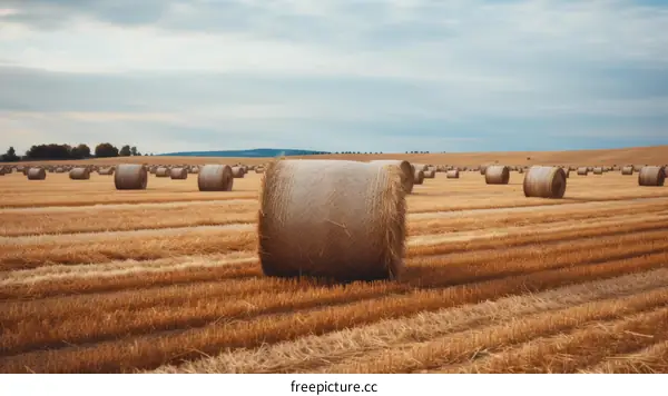 Hay Bales in a Field under a Cloudy Sky