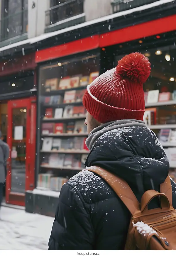Man In Red Hat Looking At Storefront In Snow