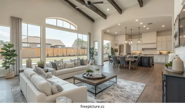 Spacious Open-Concept Living Room and Kitchen Area with Large Windows