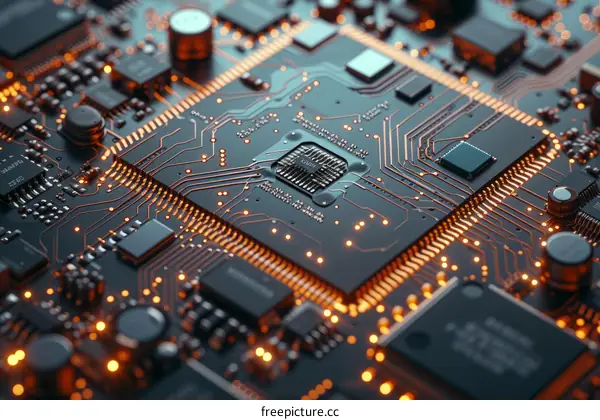 A close-up of a computer chip with glowing orange lines