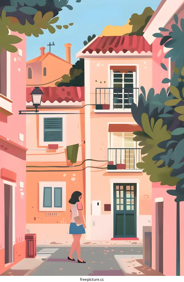 Woman Walking Through European Street