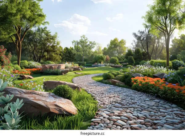 Pebbled path through a lush garden