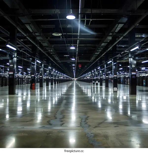 Empty Large Warehouse with Black Pillars and Lights