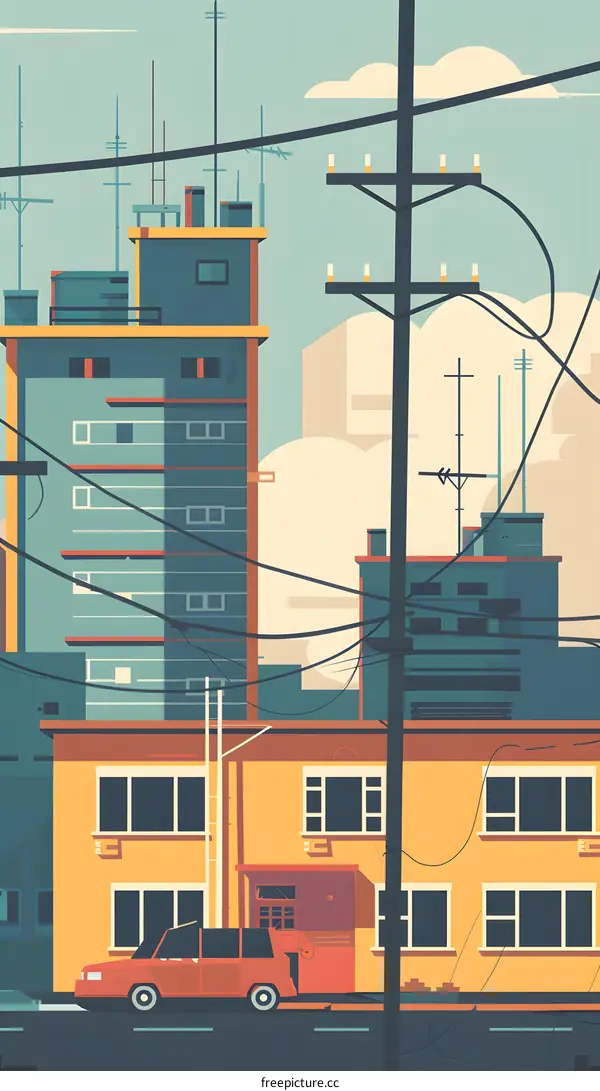 Cityscape Illustration with Buildings and Power Lines