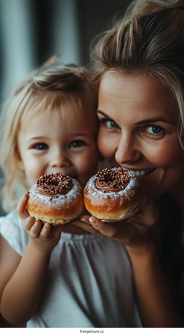 Mother and Daughter Sharing Donuts