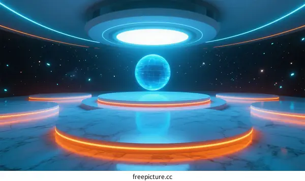 Futuristic Circular Stage with Glowing Elements and Holographic Globe