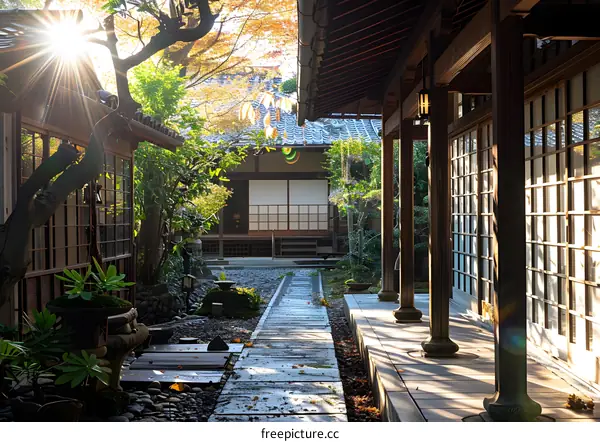 Japanese Garden with Traditional Wooden Architecture and Stone Pathway