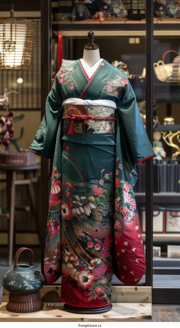 A kimono with a floral pattern and a red obi sash