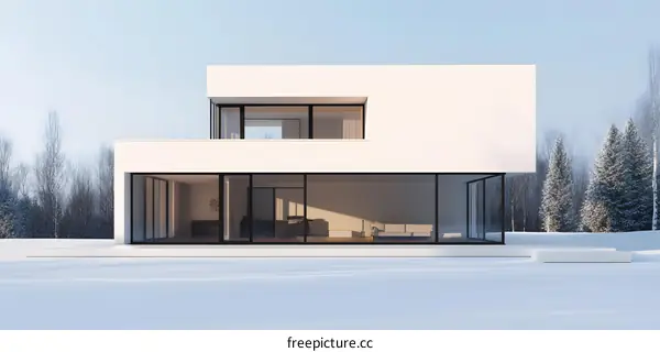 Modern Minimalist House with Large Windows in Winter