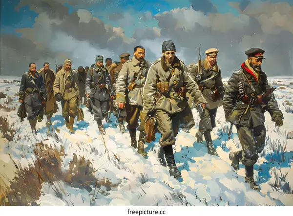 A group of soldiers walking through the snow