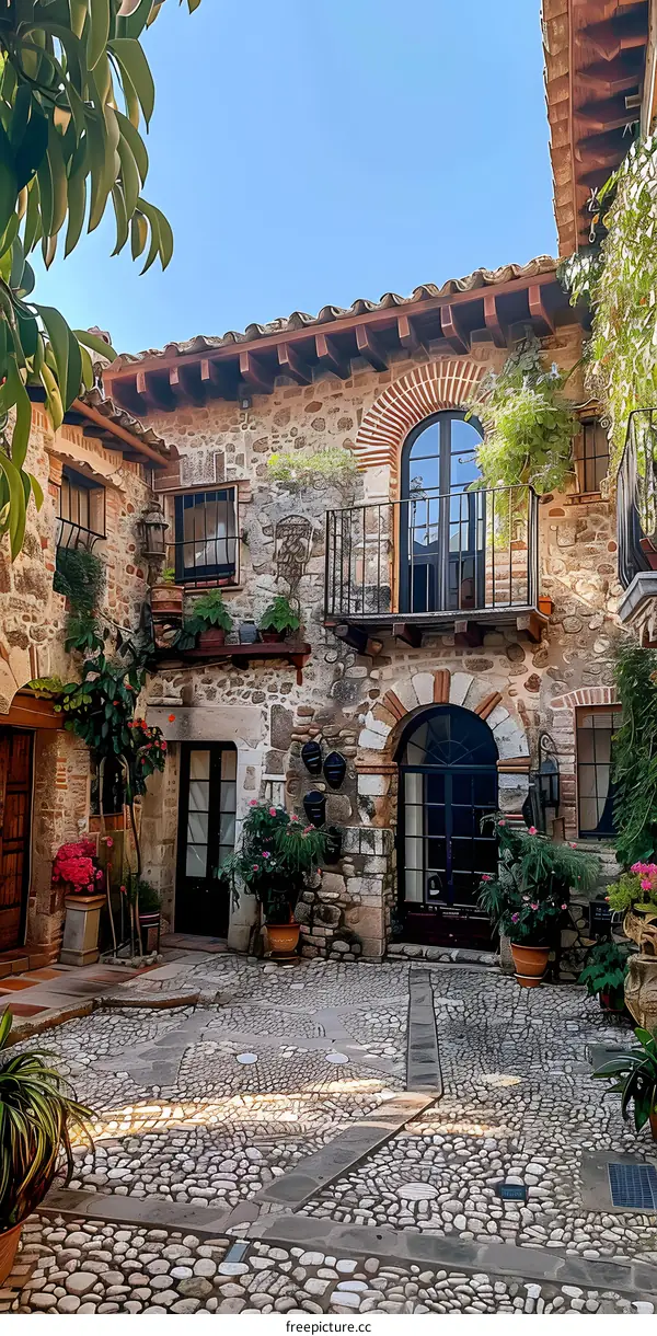 Courtyard of a traditional stone house with plants and flowers