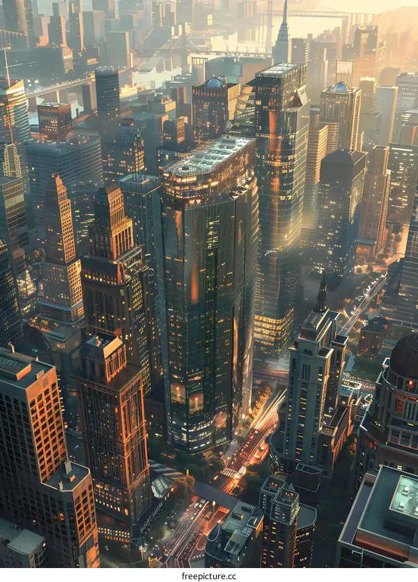 A bustling city with skyscrapers and busy streets