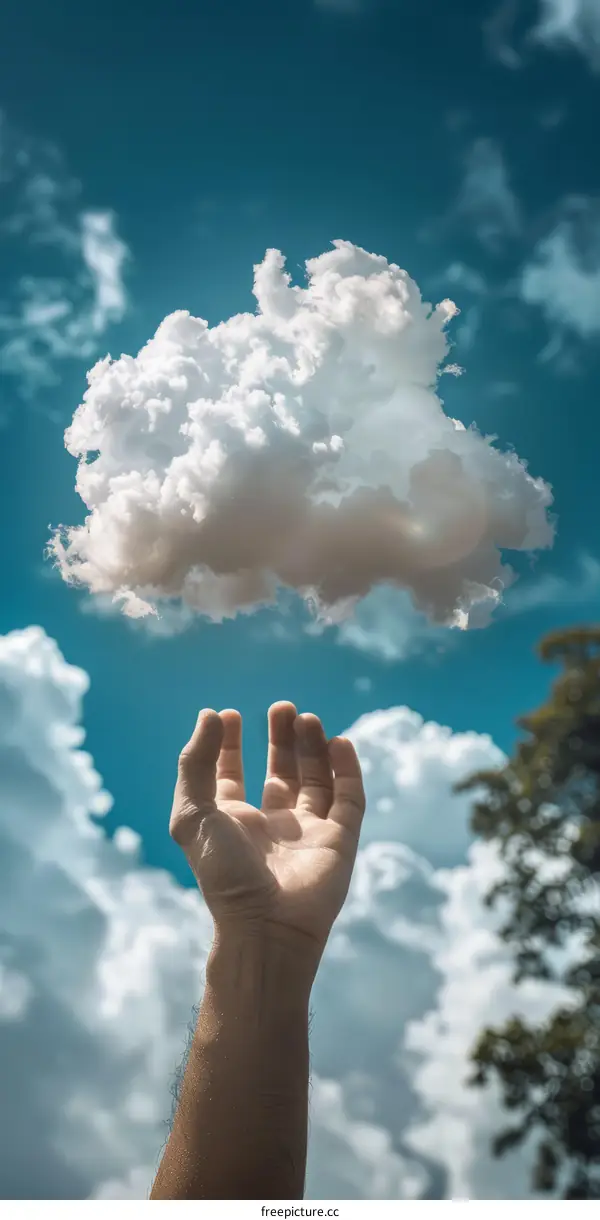 Hand Reaching for Cloud in Vast Sky