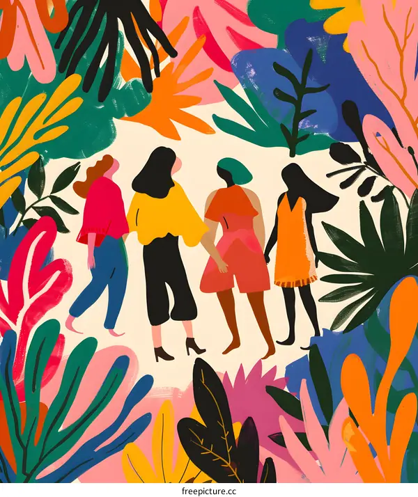 Four Women Standing Together In A Garden Of Flowers