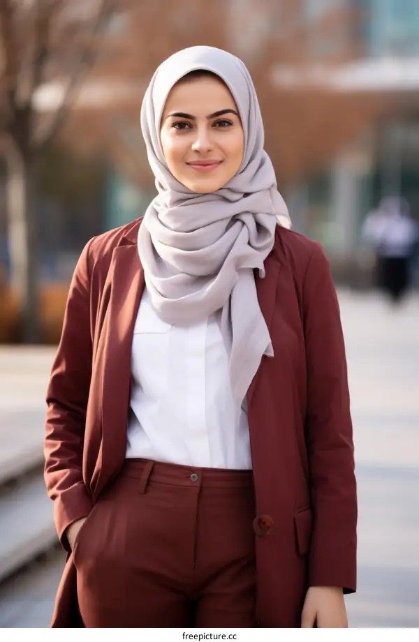 A young woman wearing a head scarf smiles at the camera