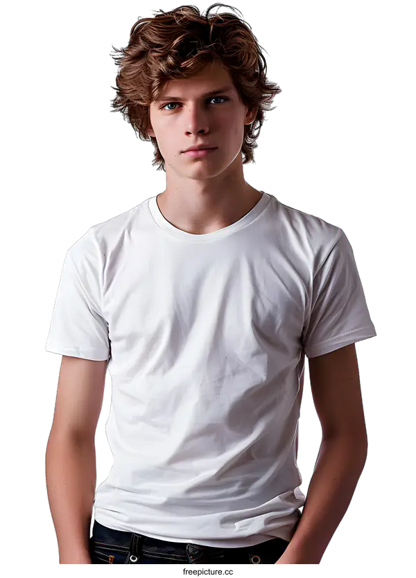 [Transparent Background PNG]Portrait of a young man with brown hair and blue eyes wearing a white t-shirt