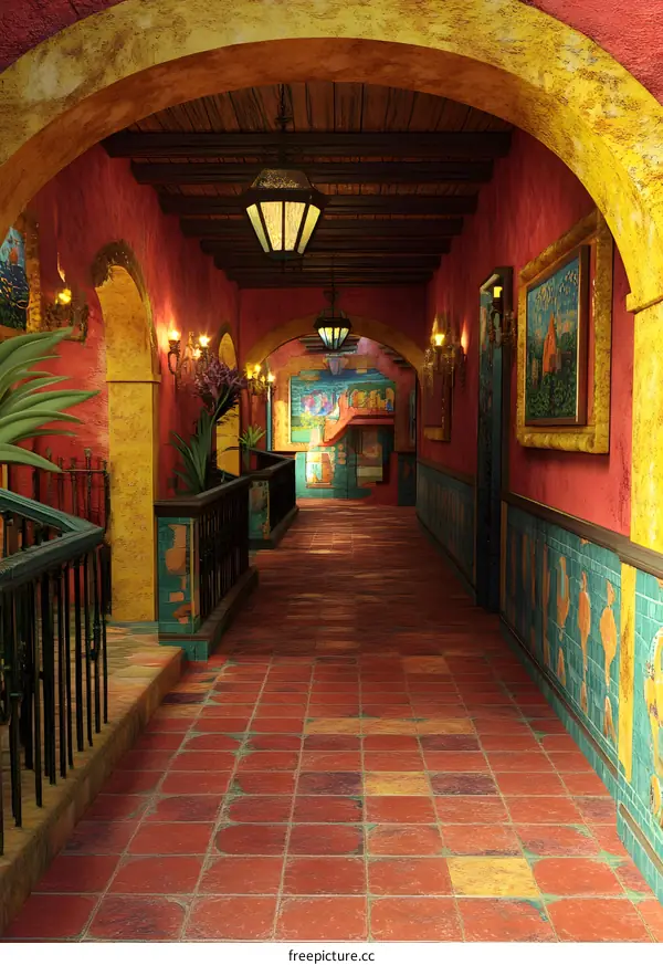 Spanish Colonial Style Interior Hallway with Tile Floor