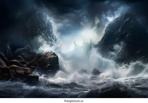 Waves Crashing Against Rocky Coastline During a Storm