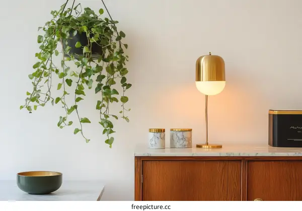 Modern Home Decor Featuring Hanging Ivy and Gold Lamp
