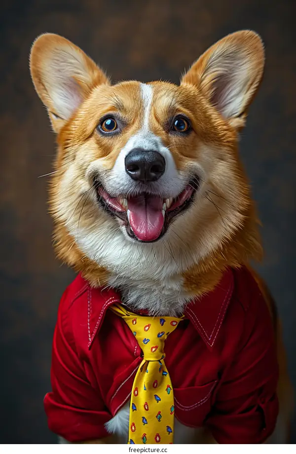 A happy corgi wearing a red shirt and tie