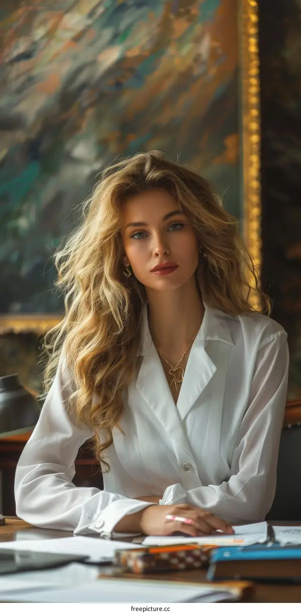 Elegant Woman in a White Shirt by the Artwork