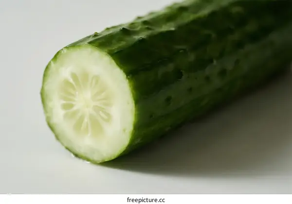Close-up view of fresh cucumber slice showing green skin and white flesh